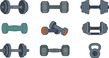 Obraz premium Dumbbell And Kettlebell Icons Set - Fitness Gym Weightlifting Equipment - Flat Vector Collection