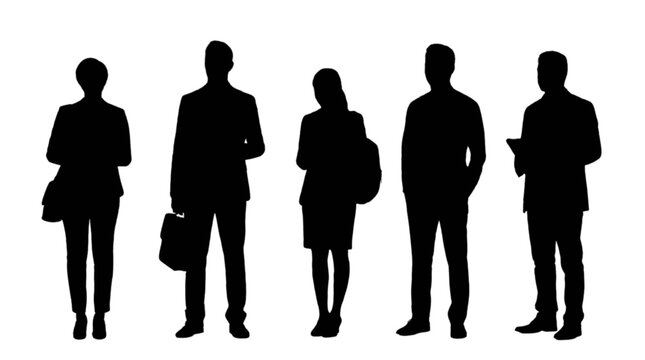 Five silhouettes of people standing together isolated on transparent background, Vector