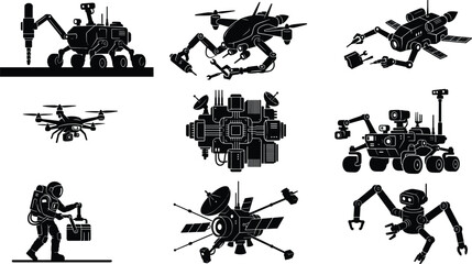Set of space exploration icons featuring rovers, drones, satellites, and astronauts in black silhouette style © Abdul