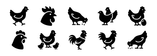 Fototapeta premium Black chicken and rooster icons with chicks and egg on white background.