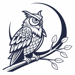 Fototapeta premium Stylized owl sitting on tree branch in front of crescent moon background