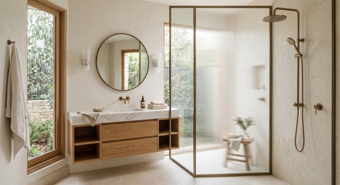 A modern ensuite bathroom with a wooden vanity, marble countertop, and fluted glass shower door and window