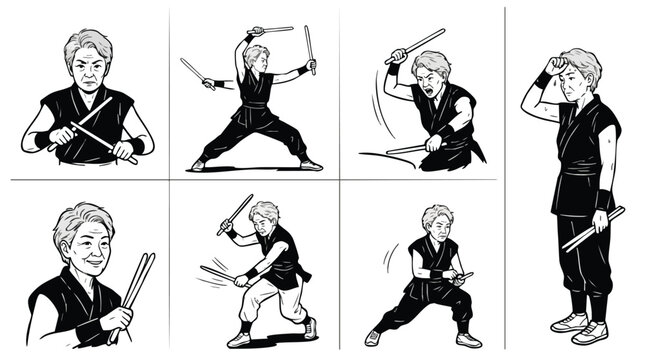 Senior Woman Martial Artist Character Sheet Line Art