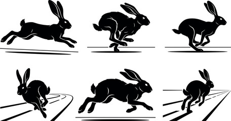 Dynamic Wild Hare Silhouette Set with Agile Jackrabbits Sprinting Along Curved Roads and Perspective Highways in High Speed Motion Sequences for Wildlife Nature Graphic Designs © MdImran