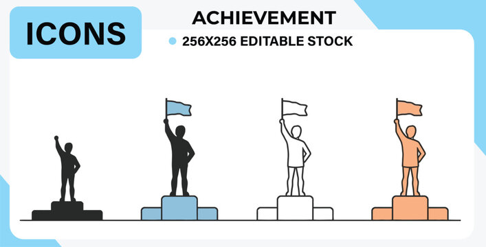 Four different style achievement victory success icons with human figures standing on winner podiums representing competition first place