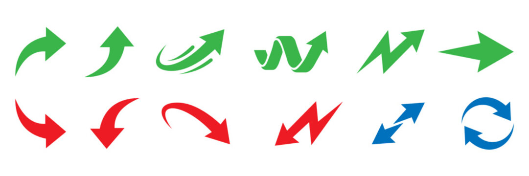 Trend Arrow Set. Growth and decline arrows, upward and downward direction, business direction symbols vector