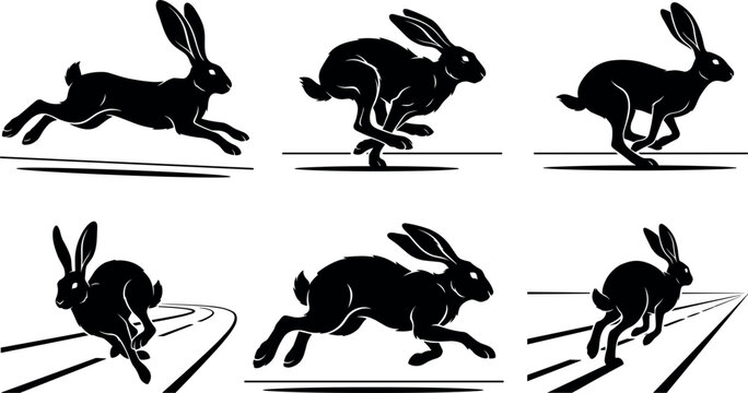 Dynamic Wild Hare Silhouette Set with Agile Jackrabbits Sprinting Along Curved Roads and Perspective Highways in High Speed Motion Sequences for Wildlife Nature Graphic Designs