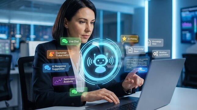 Businesswoman working with AI chatbot interface on laptop in modern office