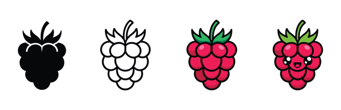 Four different styles of raspberries, from a silhouette and outline to a colorful representation and a cute cartoon with a face