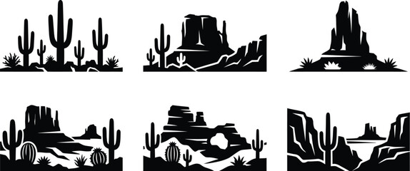 Desert landscape silhouettes featuring iconic saguaro cacti and dramatic rock formations under vast skies creating arid scenery for western themes and backgrounds. © Fazla Rabbi
