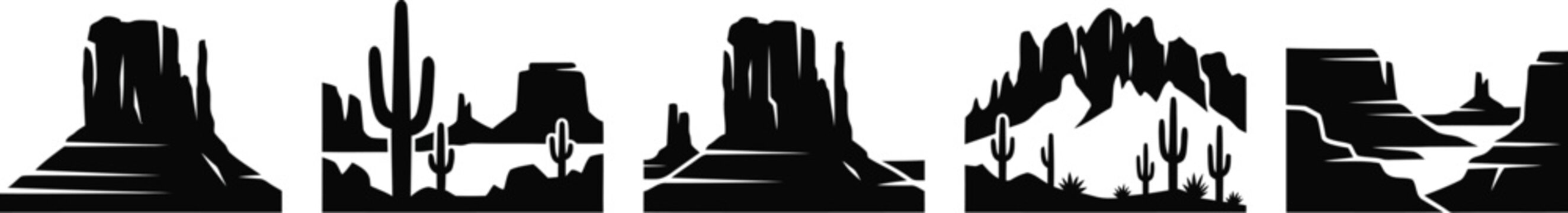 Iconic desert vistas with towering buttes saguaro cacti and rugged rock formations creating expansive western backdrops for adventure and exploration themes.