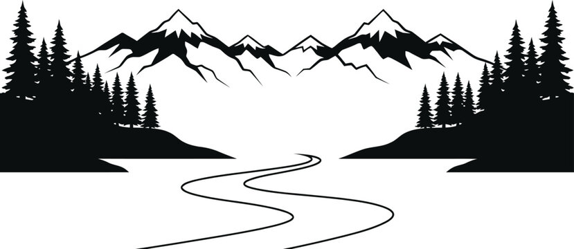 Mountain landscape silhouette with pine forest and river isolated on a white background for wall decals.