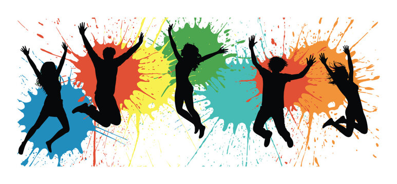 Silhouettes of five joyful people jumping in the air against a vibrant backdrop of colorful paint splatters. Their arms are raised, expressing pure elation and freedom