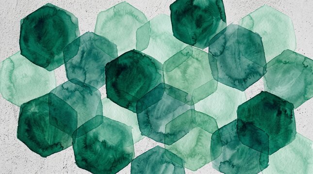 Abstract green watercolor hexagon pattern background with overlapping geometric shapes