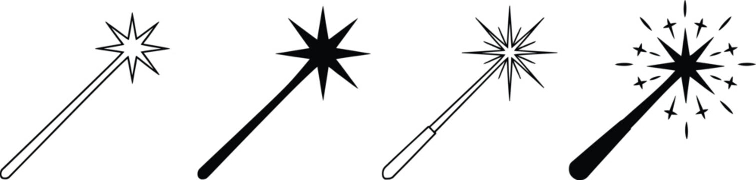 Magic wand icons set, wizard wand with star symbols for magic, miracle effects, fantasy power, and app and web UI design elements.