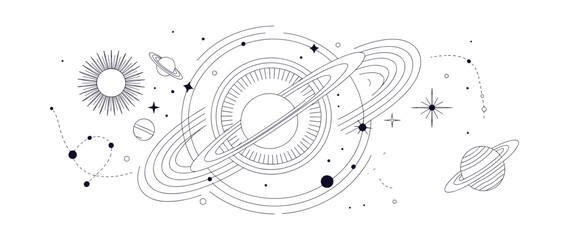 A stylized illustration depicting a solar system with planets, stars, and celestial bodies in an abstract, geometric design © Vector By Thakur