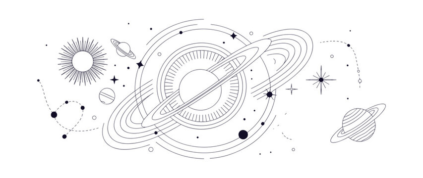 A stylized illustration depicting a solar system with planets, stars, and celestial bodies in an abstract, geometric design