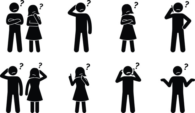 Set of black stick figure showing people in various poses of confusion, questioning, and deep thought with question marks above their heads