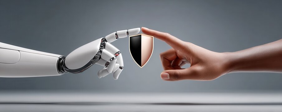 Robot hand and human finger meet to symbolize protection, security, and technology collaboration