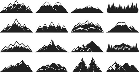 Set of black and white mountain range silhouettes and forest landscapes for outdoor adventure and nature © Sifat