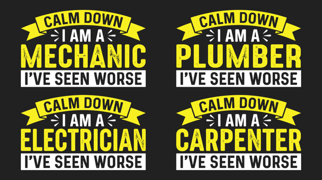 Set of four funny job occupation quotes with yellow ribbons and black text for mechanic, plumber, electrician, and carpenter