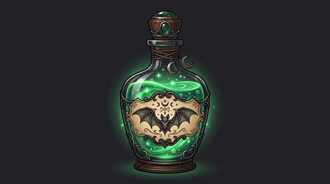 Mystical green potion bottle with bat illustration and occult symbols
