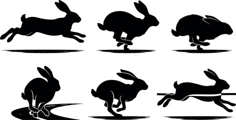 Fast Running Hare and Jumping Rabbit Silhouette Set with Sprinting Jackrabbit Icons in Various Motion Sequences for Nature Wildlife Vector Graphic Designs © MdImran