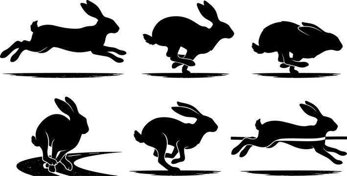Fast Running Hare and Jumping Rabbit Silhouette Set with Sprinting Jackrabbit Icons in Various Motion Sequences for Nature Wildlife Vector Graphic Designs