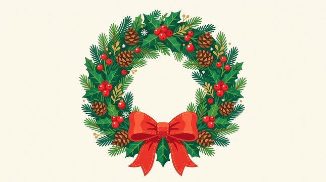 Christmas wreath with red bow, pine cones and holly berries