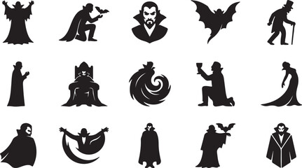 Obraz premium Set of fifteen halloween vampire symbols, isolated on white background, black flat vector.