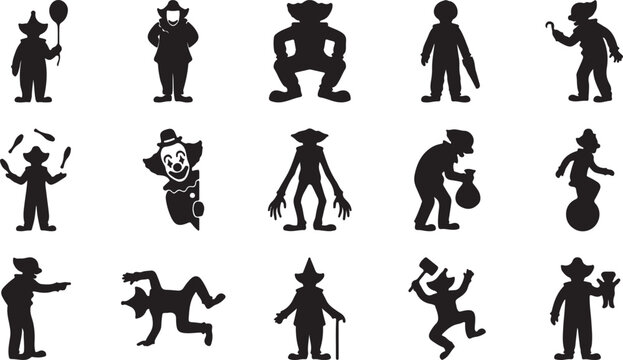 Clown silhouette collection showing circus performers in various funny and creepy.