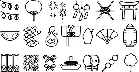 A collection of black and white vector illustration icons representing traditional Japanese summer festival themes and cultural seasonal objects © Arun