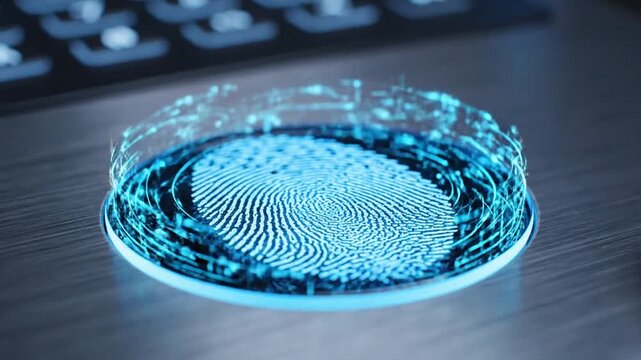 Blue glowing digital fingerprint scan with swirling light particles on a dark metallic surface near a keyboard