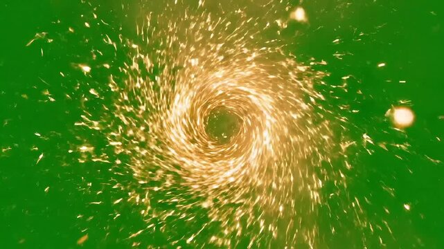 Explosive golden vortex of light and energy against a vibrant green background