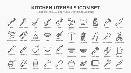 Kitchen utensils and tools icons set for cooking and food preparation. © Tah