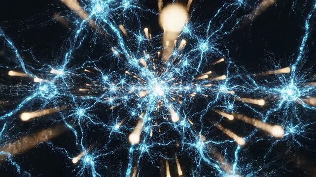 Abstract visualization of a neural network with glowing blue and gold connections radiating from a central bright point against a dark background