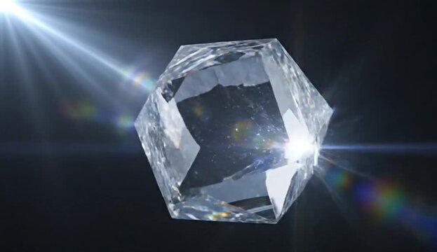 Single large faceted diamond crystal with bright light rays and rainbow refractions against a dark background