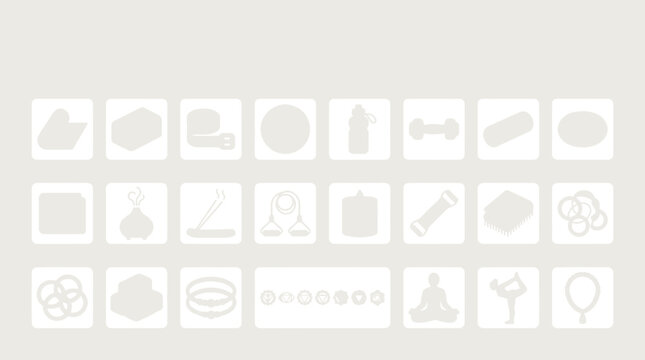Yoga and meditation accessories icon set depicting wellness tools for mindfulness practice.