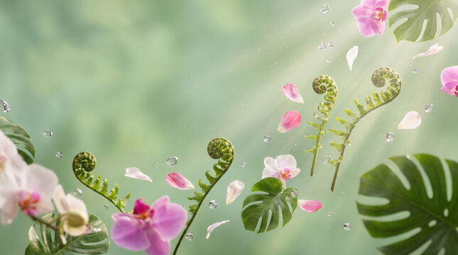 Floating pink orchids and green fern fiddleheads in misty tropical light