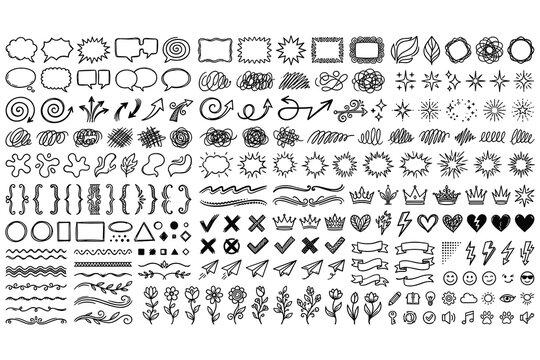 Hand-drawn doodle vector elements for graphic design and creative projects, symbol collection
