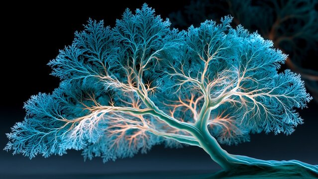 Glowing Teal Fractal Tree Branching Neural Abstract Digital Art