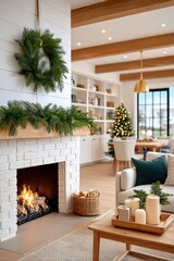Fototapeta premium Cozy living room with fireplace, garland, and Christmas tree in a bright holiday home