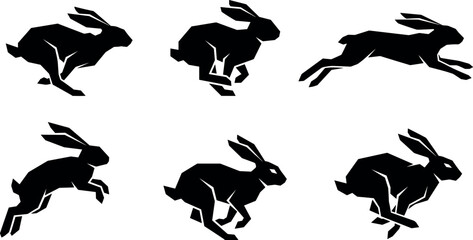 Geometric Polygonal Wild Hare Silhouette Set with Abstract Angular Jackrabbit Icons in Running and Jumping Motion Sequences for Modern Minimalist Logo Designs © MdImran