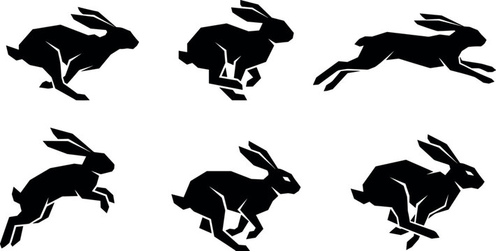 Geometric Polygonal Wild Hare Silhouette Set with Abstract Angular Jackrabbit Icons in Running and Jumping Motion Sequences for Modern Minimalist Logo Designs