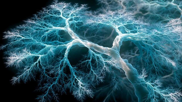 Cyan Fractal Neural Branch Network Overhead View Dark Abstract Art