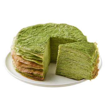 Vibrant twenty-layer matcha crepe cake with one slice neatly removed. Isolated white background. Png format