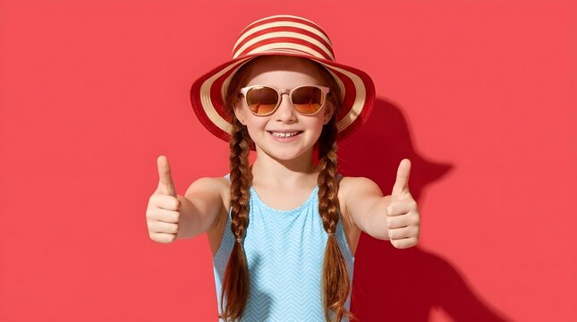 Happy young girl with braided hair wearing a striped sun hat and stylish sunglasses gives a double thumbs up gesture against a vibrant red studio background