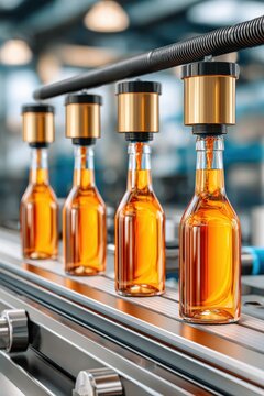 Automated bottling line with glass energy drink bottles on a production conveyor system