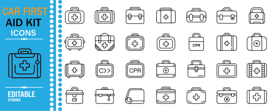 Car First Aid Kit Icons Editable Outline Vector Set Featuring Emergency Medical Kit, Safety Equipment, Vehicle Rescue, Healthcare Supplies, Roadside Assistance and Automotive Line Symbols