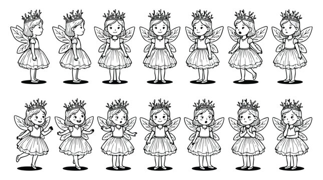 Little Fairy Girl Character Sheet Various Poses Line Art